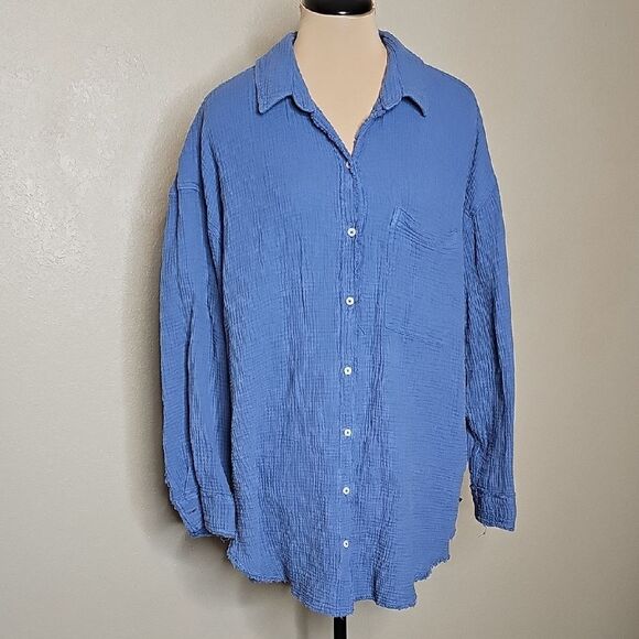aerie Tops - Aerie Gauze Blue Button Down Oversized Long Sleeve Shirt Large